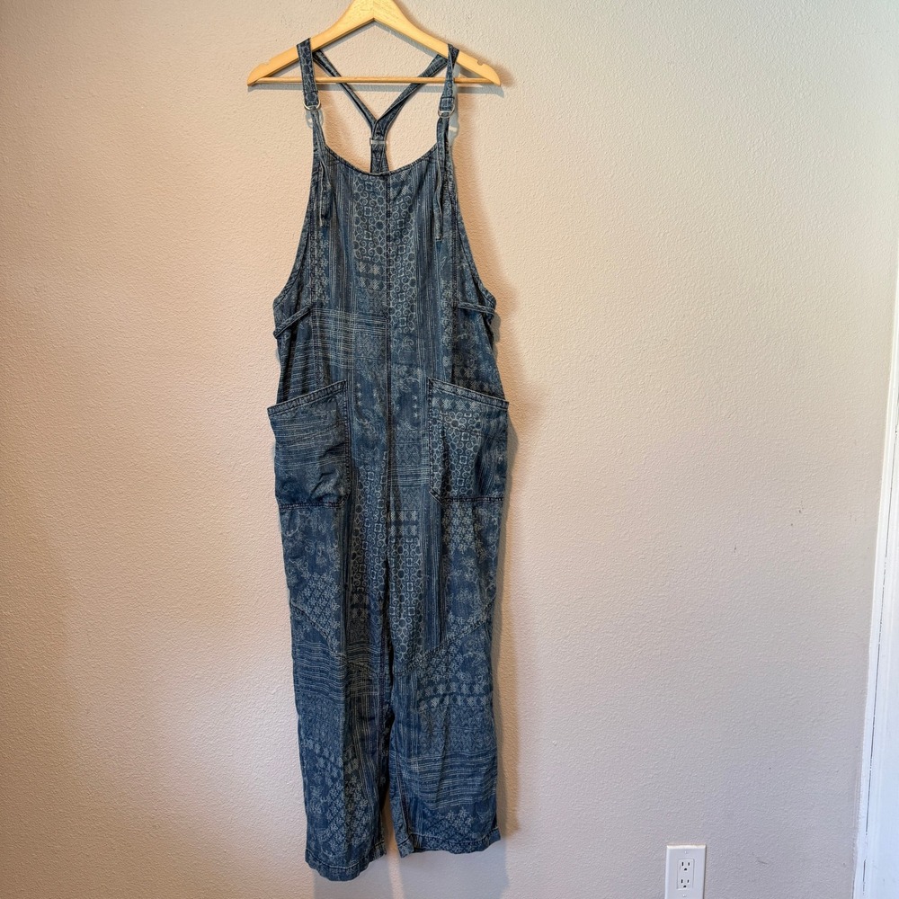 We The Free Free People Blue Patchwork Print Denim Overalls Wide Leg Large